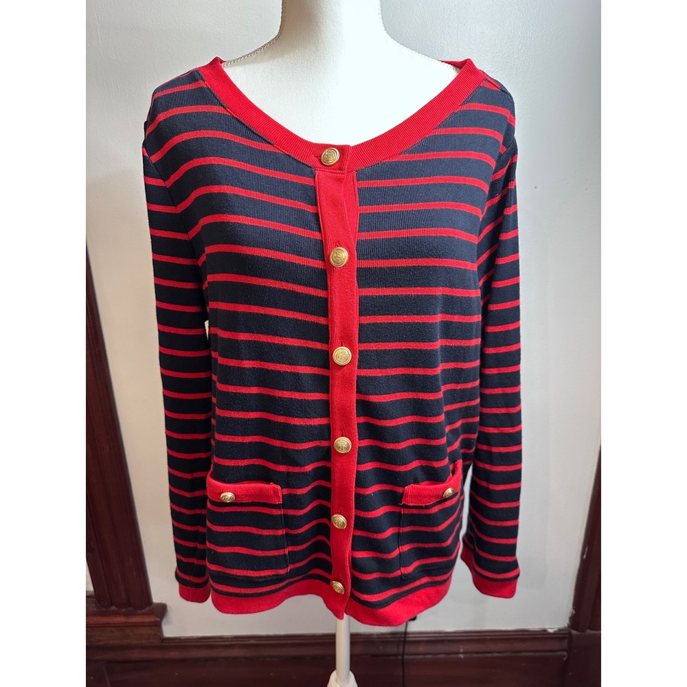 Talbots Plus 1X Cardigan Sweater Navy Blue Red Striped Gold Crest Button Cotton